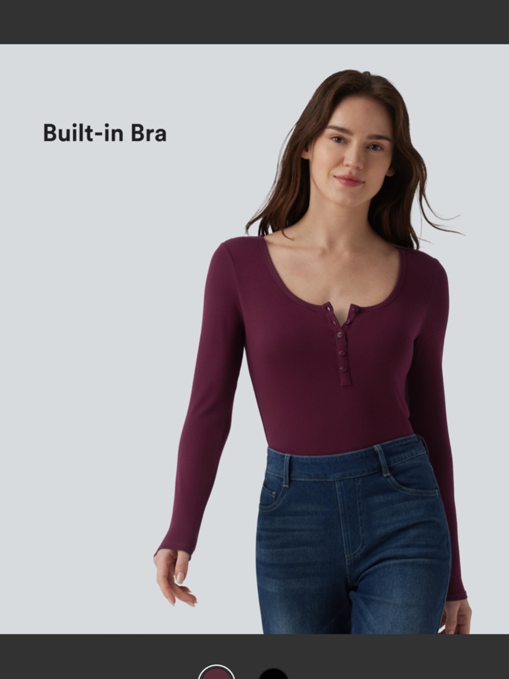 Halara Built in Bra Long-Sleeve Scoop Neck Henley T-Shirt in Maroon- Size S